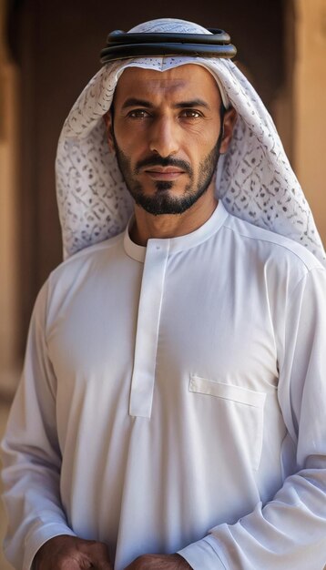 Foto retrato gratuito do xeque saudita jovem modelo masculino sorrindo e apontando ou escolhendo