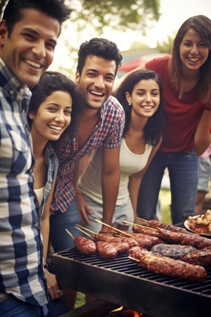 Retrato de un grupo de amigos divirtiéndose juntos en un asado creado con IA generativa
