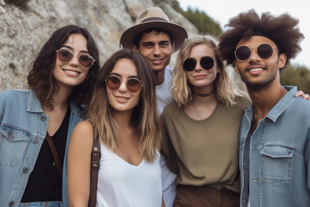 Retrato de un grupo de amigos en una excursión de un día creado con IA generativa