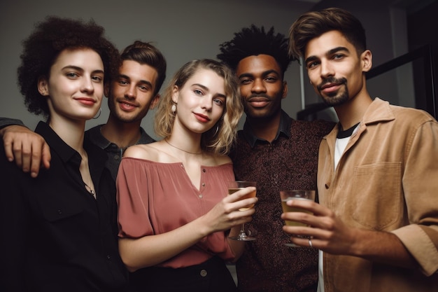 Retrato de un grupo de amigos tomando unas copas en una fiesta creada con IA generativa