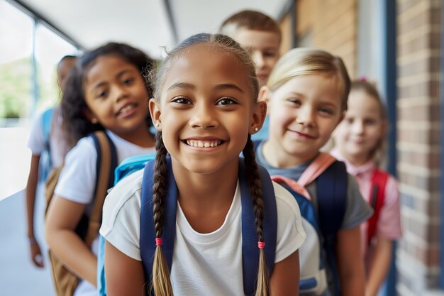 Foto retrato de un grupo de escolares multiétnicos con una sonrisa en la escuela