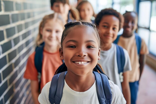 Retrato de un grupo de escolares multiétnicos con una sonrisa en la escuela