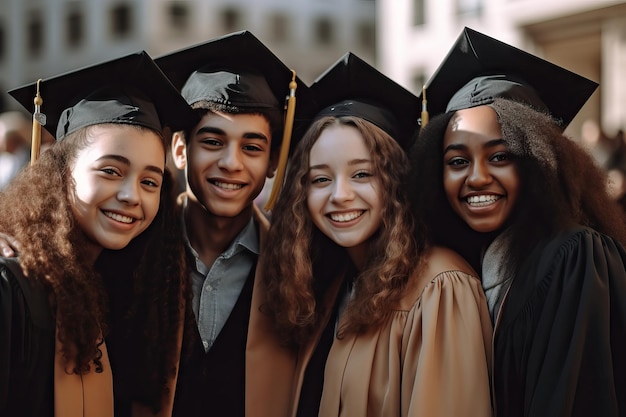 Retrato de un grupo de estudiantes día de graduaciónEstudiantes manos arriba o éxito de graduación con diploma