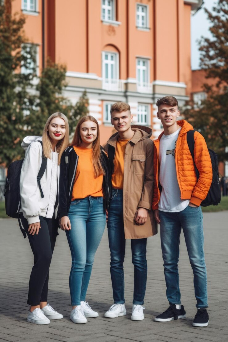 retrato de un grupo de estudiantes felices parados frente a su universidad creado con inteligencia artificial generativa