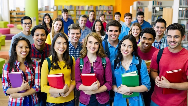 Retrato de un grupo de estudiantes felices con ropa casual y libros de pie