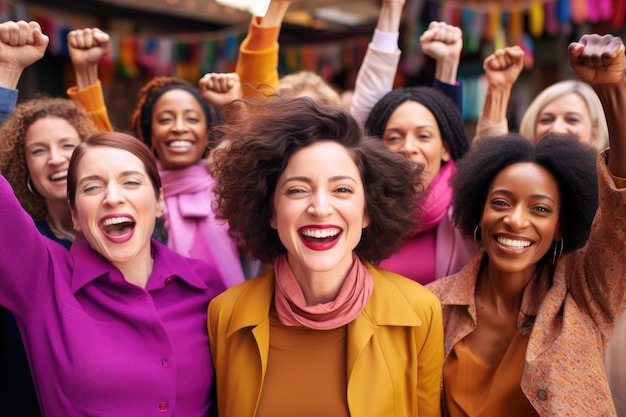 Retrato de un grupo feliz de mujeres con los brazos levantados celebrando el éxito al aire libre.