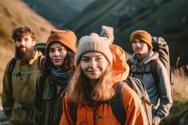 Retrato de un grupo de jóvenes que van de excursión a las montañas creado con ai generativo