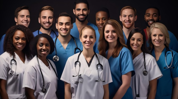 Retrato de un grupo de médicos y enfermeras sonrientes sobre un fondo negro