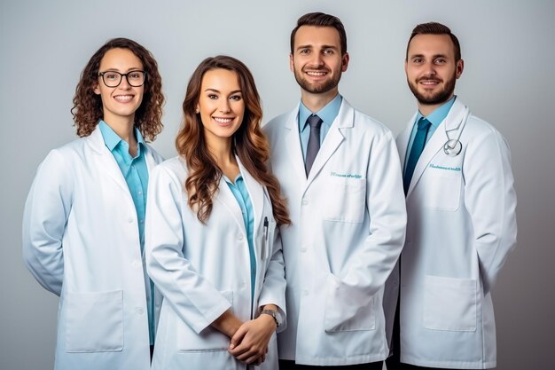 Foto retrato de un grupo de médicos felices y confiados de pie en la oficina médica