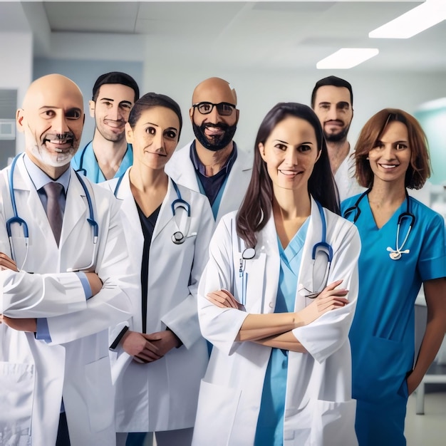 Foto retrato de un grupo de médicos de pie en una fila y sonriendo