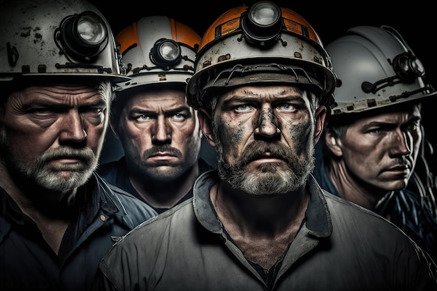 Retrato de un grupo de mineros mirando a la cámara Ilustración generativa de IA