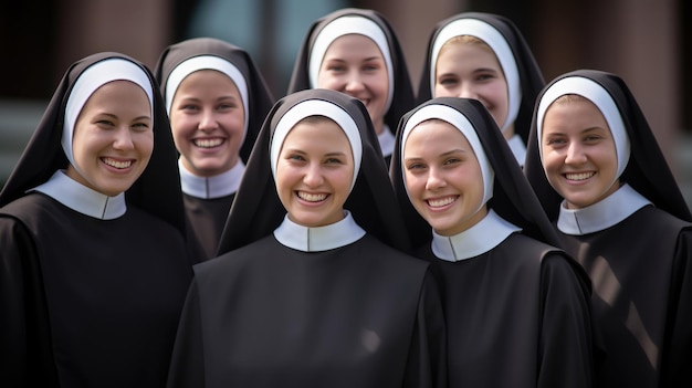 Retrato de un grupo de monjas contra el fondo de una iglesia