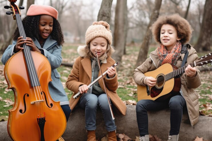 Retrato de un grupo de niños tocando instrumentos musicales juntos al aire libre creado con IA generativa