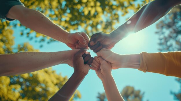 Retrato de un grupo de personas golpeándose los puños y celebrando el trabajo en equipo exitoso