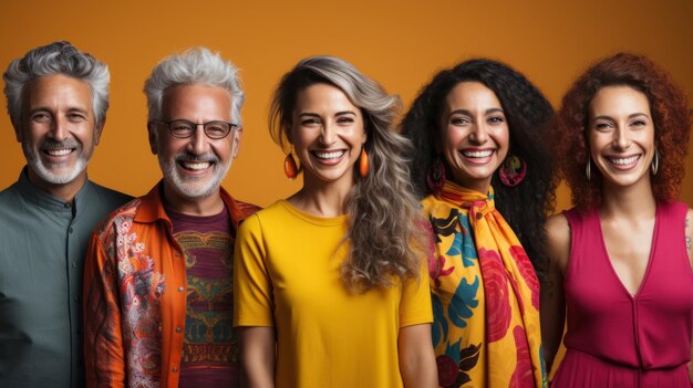 Retrato de un grupo de personas multiétnicas juntas aisladas sobre fondo naranja