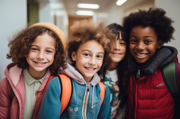 retrato de un grupo sonriente de cinco estudiantes jóvenes niños en el pasillo con casilleros en la primaria