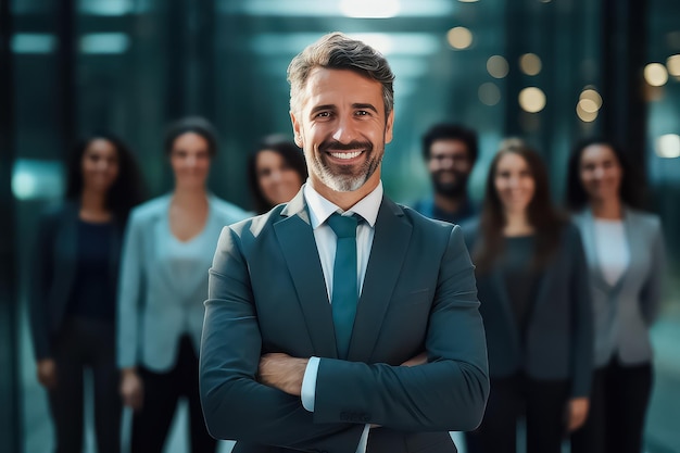 Retrato de un grupo sonriente de diferentes personas de negocios de pie en una fila en una oficina moderna brillante