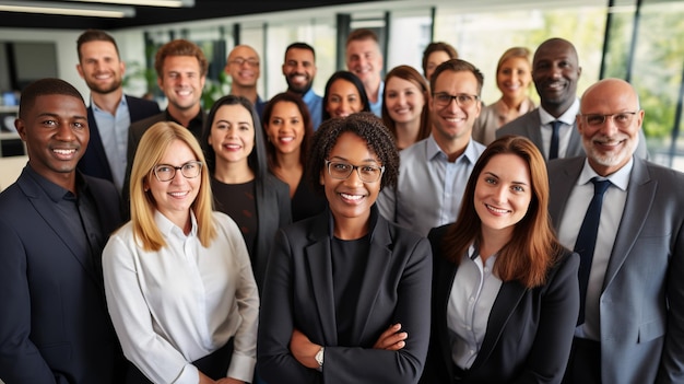 retrato de grupo vibrante ambientado en una oficina moderna que muestra un exitoso equipo diverso de profesionales de negocios