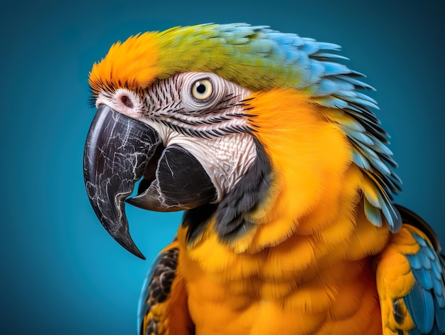 Retrato de guacamaya roja en un fondo azul.