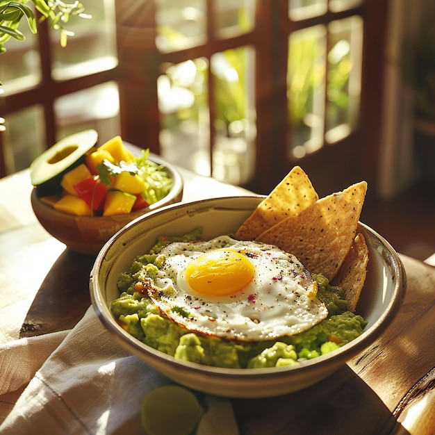 Foto retrato de guacamole dip con tortilla chips una delicia de sunnysideup