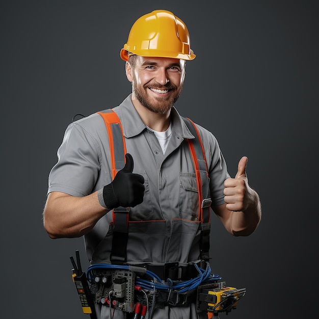 Foto retrato del guapo y alegre electricista en hardhat