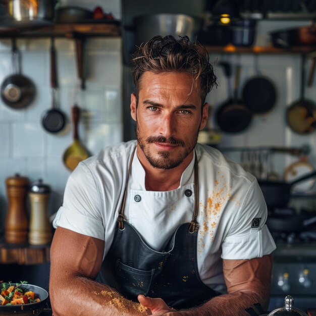 Retrato de un guapo chef en una camisa blanca y un delantal mirando a la cámara