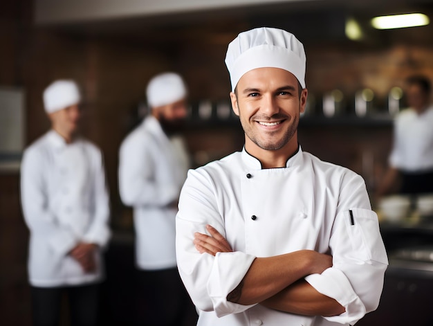 Retrato de un guapo chef con otros compañeros de equipo desenfocados