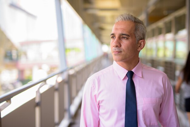 Retrato de guapo empresario persa con canas en la pasarela de la ciudad