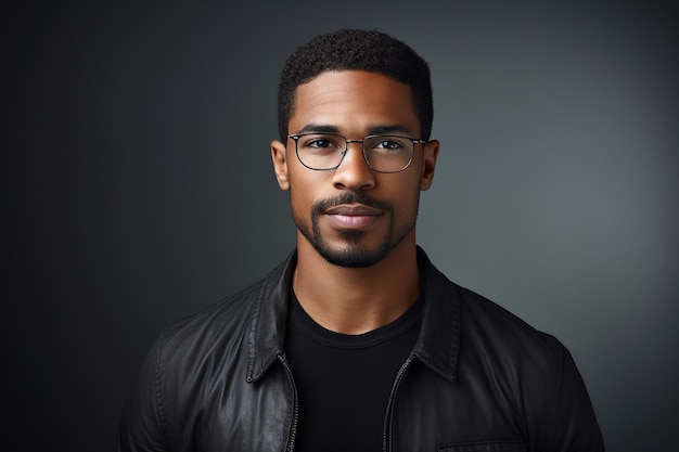 Retrato de un guapo hombre afroamericano con gafas sobre un fondo gris