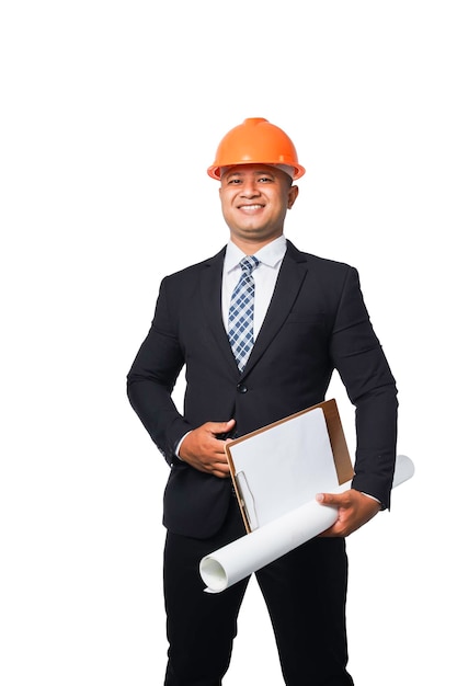 Retrato guapo ingeniero jefe vistiendo un traje negro aislado fondo blanco con trazado de recorte