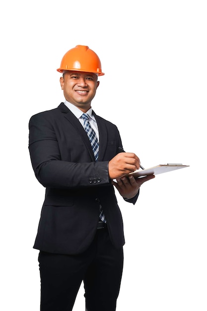 Retrato guapo ingeniero jefe vistiendo un traje negro aislado fondo blanco con trazado de recorte