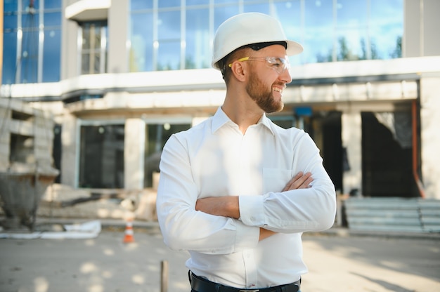 Retrato de un guapo ingeniero en el trabajo