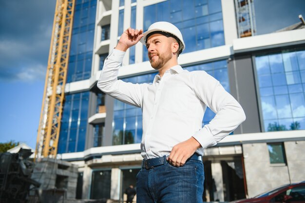 Retrato de un guapo ingeniero en el trabajo