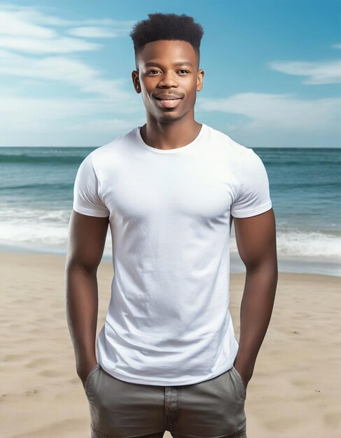 Retrato de un guapo joven afroamericano de pie en la playa