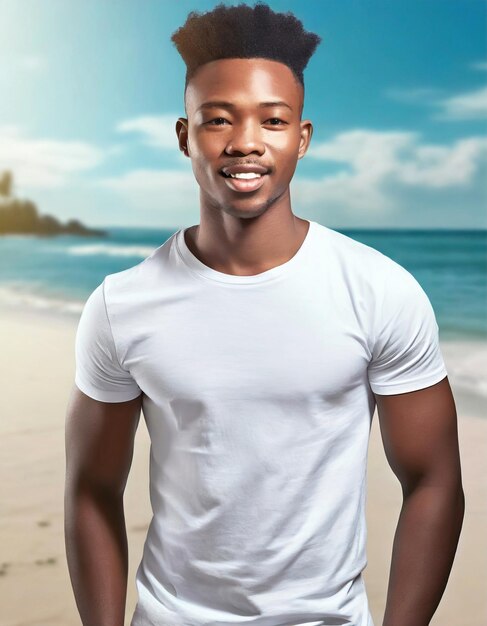 Foto retrato de un guapo joven afroamericano de pie en la playa