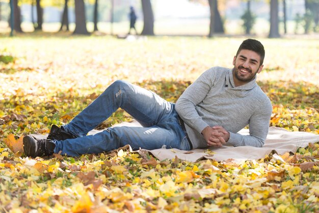 retrato, de, guapo, joven, en, otoño, parque