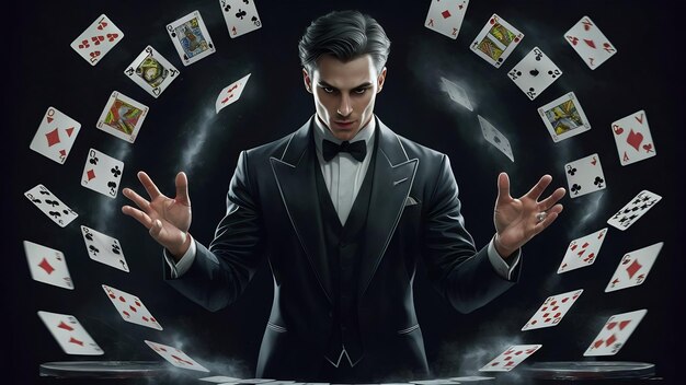 Foto retrato de un guapo mago en un traje negro que muestra un truco con cartas de juego en un fondo oscuro