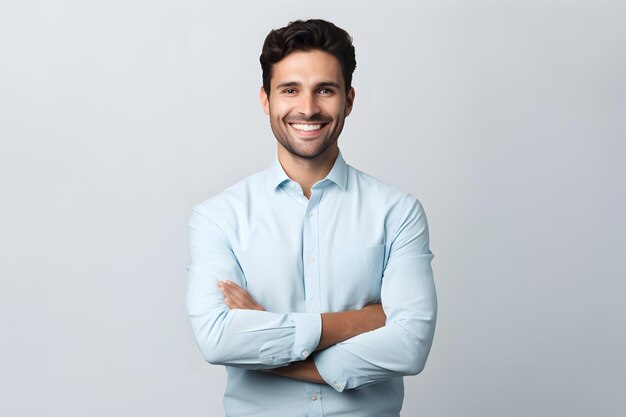 Foto retrato, de, guapo, sonriente, joven, con, brazos cruzados, aislado, alegre, alegre, casual, hombre de negocios