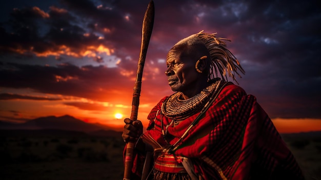 Retrato de un guerrero masai de Kenia