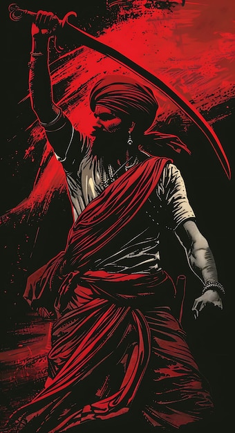 Retrato de un guerrero Rajput con turbante y espada curva T-shirt de pie Tatuaje Impresión Arte Diseño Tinta
