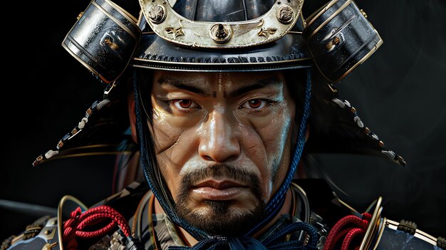 Retrato de un guerrero samurai con una expresión decidida en su rostro