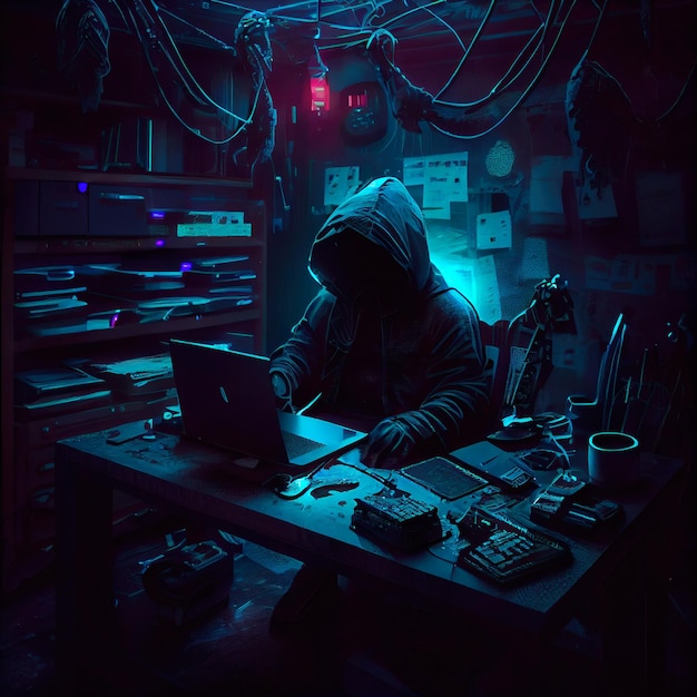 Retrato de un hacker ciberpunk de ciencia ficción Hombre futurista de alta tecnología del futuro