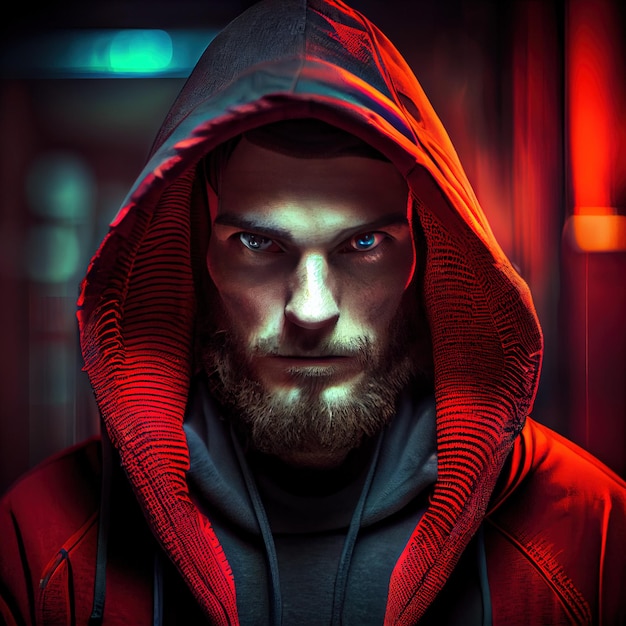 Retrato de un hacker ciberpunk de ciencia ficción Hombre futurista de alta tecnología del futuro