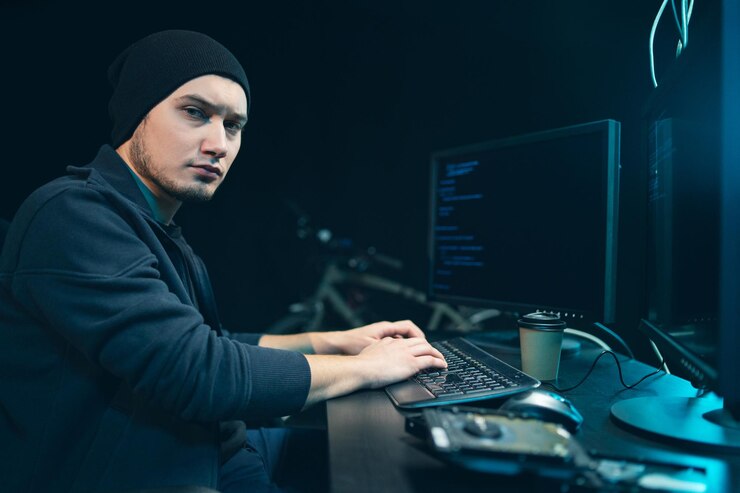 Foto retrato de hacker con sudadera y gorra intenta hackear un sistema de seguridad