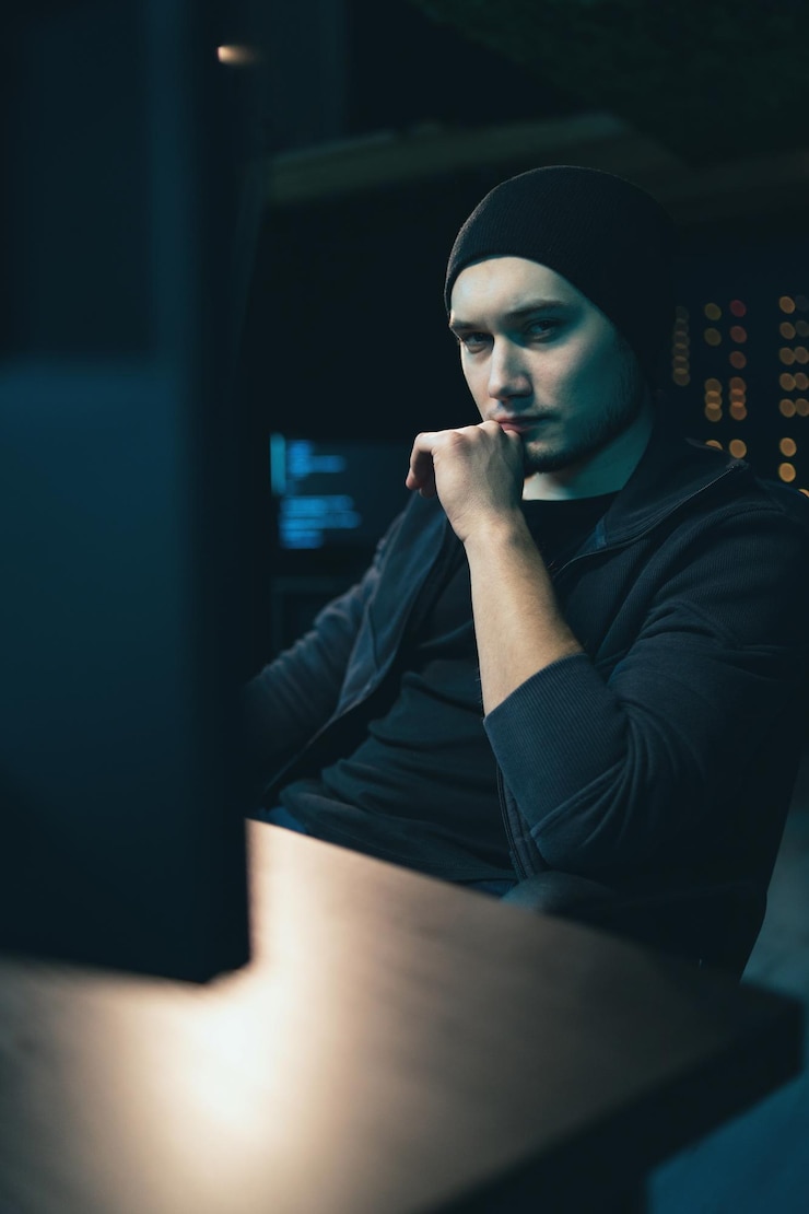 Foto retrato de hacker con sudadera y gorra intenta hackear un sistema de seguridad