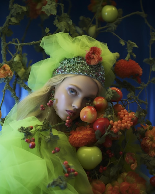 Retrato de una hada del bosque exuberante en medio de una cornucopia de frutas y flores