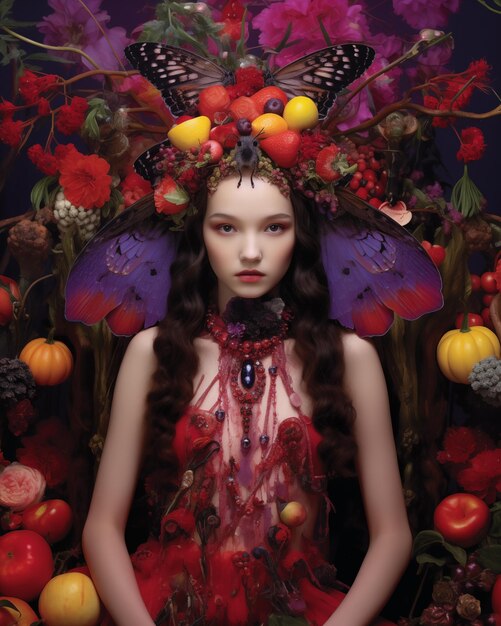 Retrato de hadas del bosque de otoño con una mujer con un tocado de frutas y mariposas