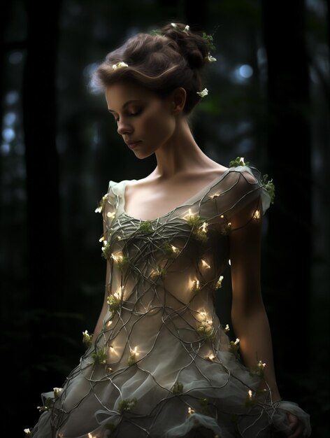 Retrato de hadas del bosque con un resplandor etéreo en los bosques del crepúsculo