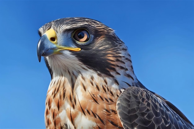 Retrato de un halcón de cola roja contra el cielo azul