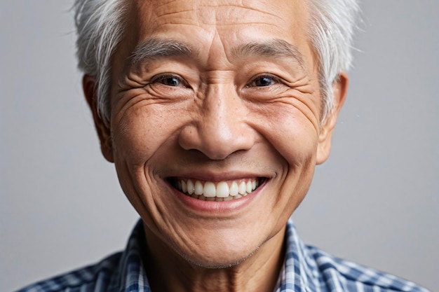 Foto retrato de halfface de un anciano asiático con una sonrisa dentada